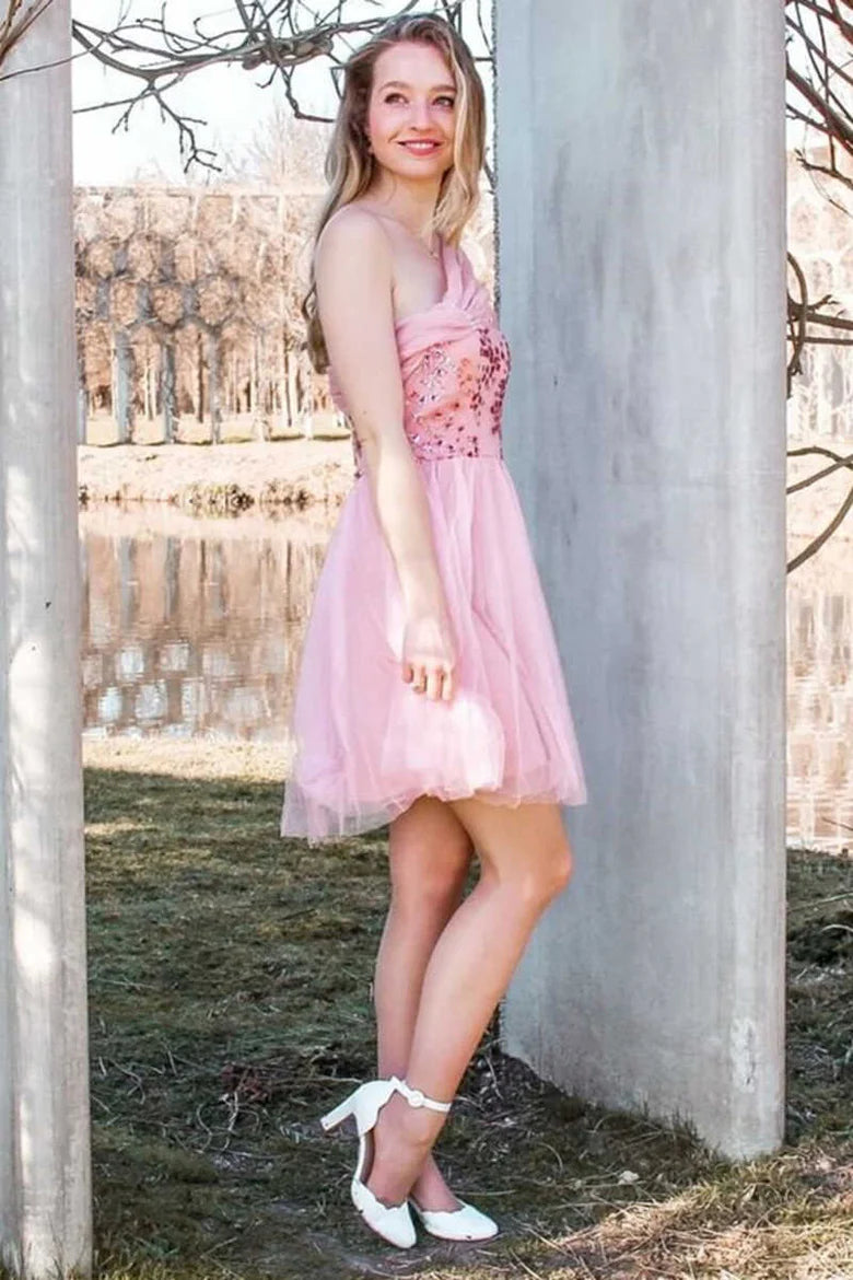 Vestido corto de fiesta sin tirantes, de tul, con lentejuelas y hombros descubiertos